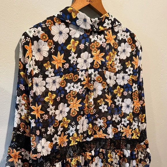 Sandro Paris Reyes Floral Button-Front Sheer Smock Dress in Black & Mustard - Picture 11 of 16